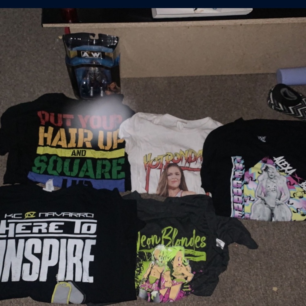 wrestling shirts and figures i have becky,charlotte,natalya etc